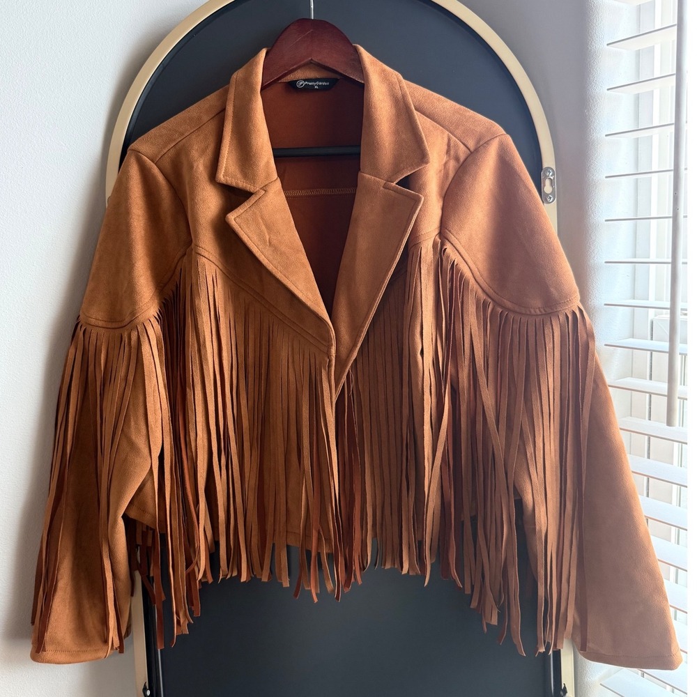 Womens XL Cognac Faux Suede Fringe Western Moto Crop Jacket Blazer Boho Cowgirl